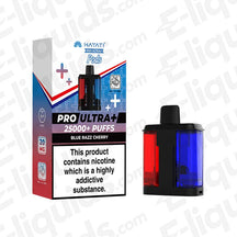 Hayati Pro Ultra+ 25K Blue Razz Cherry Prefilled Pod box and pod with 25000+ puffs, 20mg strength.
