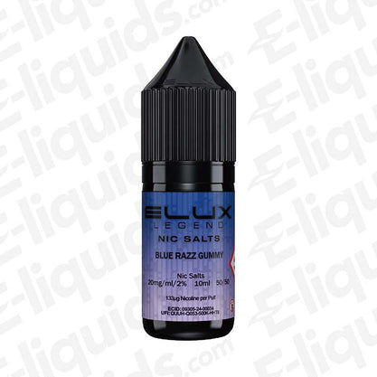 Elux Legend Blue Razz Gummy Nic Salt E-liquid bottle, featuring blue raspberry and gummy flavor, 10mg/20mg nicotine.