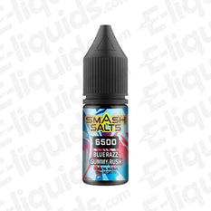 Blue Razz Gummy Rush Nic Salt E-liquid by Smash Salts in a 10ml bottle, featuring a sweet blue raspberry flavor.