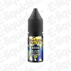 Blue Razz Lemonade Nic Salt E-liquid by Smash Salts 6500 in a 10ml bottle with a black cap.