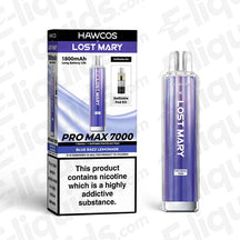 HAWCOS x Lost Mary Pro Max 7000 Blue Razz Lemonade Refillable Pod Kit with box, featuring 7000 puffs and 1800mAh battery.
