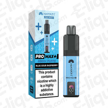 Hayati Pro Max 6K Blue Sour Raspberry Prefilled Pod Kit with smart battery display and 850mAh capacity, box and device shown.