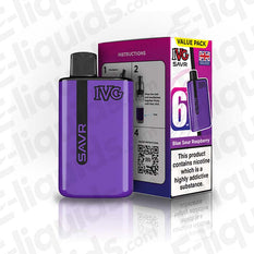IVG SAVR Prefilled Pod Kit in purple with packaging, featuring Blue Sour Raspberry flavor and nicotine warning.