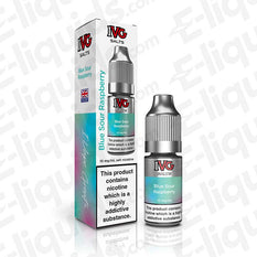 IVG Salts Blue Sour Raspberry Nic Salt E-liquid 10ml bottle and box, featuring sweet blueberries and tangy raspberries flavor.