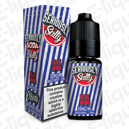 Blue Wing Seriously Soda Nic Salt by Doozy Vape Co, featuring fruity energy drink flavor, in a 10ml 20mg/mL bottle with packaging.