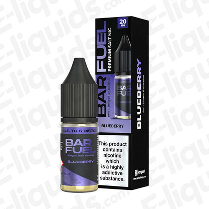 Blueberry Nic Salt E-liquid by Bar Fuel in a 10ml bottle showcasing juicy blueberry flavor and high nicotine satisfaction.