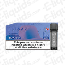 Elf Bar ELFA Pre-Filled Blueberry Bubble Gum Vape Pods with nicotine warning label on packaging.