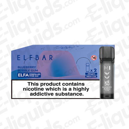 Elf Bar ELFA Pre-Filled Blueberry Bubble Gum Vape Pods with nicotine warning label on packaging.