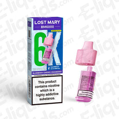 Lost Mary BM6000 prefilled pod in blueberry cherry cranberry flavor, pink design. Offers up to 6000 puffs, emphasizes UK compliance.