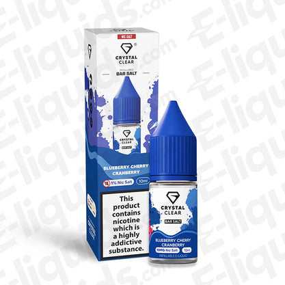 Blueberry Cherry Cranberry Nic Salt by Crystal Clear Bar Salts in a 10mg bottle, featuring vibrant packaging and a blue cap.