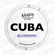 CUBA Blueberry Nicotine Pouches packaging featuring a white circular can with bold text and branding.