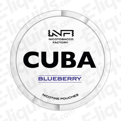 CUBA Blueberry Nicotine Pouches packaging featuring a white circular can with bold text and branding.