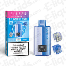 Elf Bar Dual 10K Disposable Vape Kit packaging and device, featuring blueberry and raspberry flavors, 10,000 puffs.