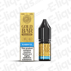 Blueberry Ice Nic Salt E-Liquid by Gold Bar in 10ml bottle with nicotine warning and gold packaging