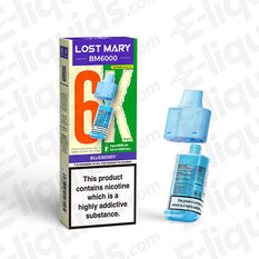 Lost Mary BM6000 Blueberry Prefilled Pod offering 6000 puffs, nicotine warning label, UK compliant vaping product.