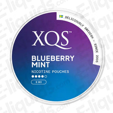 Blueberry Mint nicotine pouches by XQS, featuring a sweet blueberry and cool mint flavor. 8mg strength.