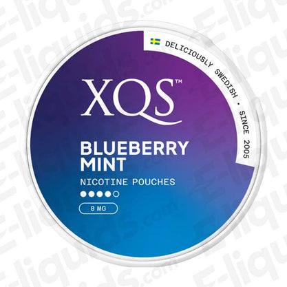 Blueberry Mint nicotine pouches by XQS, featuring a sweet blueberry and cool mint flavor. 8mg strength.