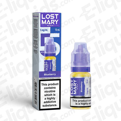 Lost Mary Nic Salt Vape Juice Blueberry 10ml bottle with 5mg strength in front of packaging.