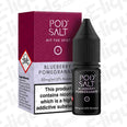 Blueberry Pomegranate Nic Salt E-liquid by Pod Salt in a 10ml bottle, showcasing vibrant packaging and nicotine strength options.