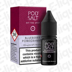 Blueberry Pomegranate Nic Salt E-liquid by Pod Salt in a 10ml bottle, showcasing vibrant packaging and nicotine strength options.