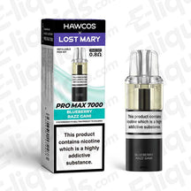 HAWCOS x Lost Mary Pro Max Blueberry Razz Gami 7,000 puff refillable pod and box packaging