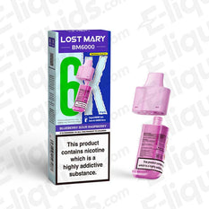 Lost Mary BM6000 Vape Pod in Blueberry Sour Raspberry flavor with product packaging, offering 6000 puffs and compliant with UK regulations.