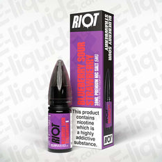 Blueberry Sour Strawberry Nic Salt E-Liquid by Riot X in 10ml bottle with box, featuring sweet and sour flavors.