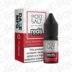 Pod Salt Blue Razapple Ice Nic Salt E-liquid 20mg bottle with packaging, featuring crisp apple and berry flavors for vaping.