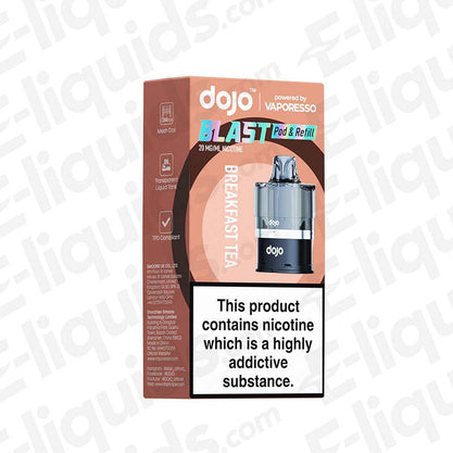 Vaporesso Dojo Blast 6000 Prefilled Replacement Pods packaging with 20mg nic salt and Corex 2.0 mesh coil technology, Breakfast Tea flavor.