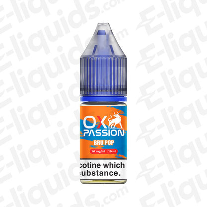 Bru Pop OX Passion Nic Salt E-liquid bottle with tangy orange and zesty lemon flavor by OXVA, 10mg strength.