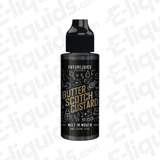 Butterscotch Custard Nic Salt E-liquid by Future Juice in a black bottle, featuring dessert flavors and available in multiple strengths.