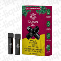 Darwin CBD 600mg Cherries Red Berries & Menthol Mix (2 x 300mg) Prefilled Pod in dark red and yellow packaging.