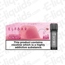 Elf Bar ELFA Cherry Candy Vape Pods with mesh coil and 20mg nic salt, pre-filled 2ml. Includes nicotine addiction warning label.