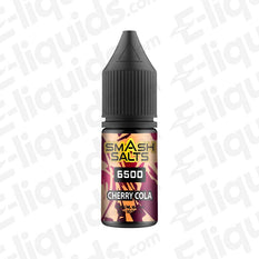 Cherry Cola Nic Salt E-liquid 10ml by Smash Salts 6500 in a sleek bottle design, perfect for pod and pen-style vape kits.