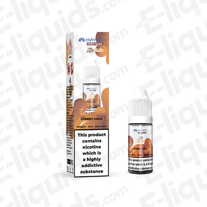 Cherry Cola Nic Salt E-liquid by Hayati Pro Max in 10mg and 20mg strengths, featuring vibrant packaging.