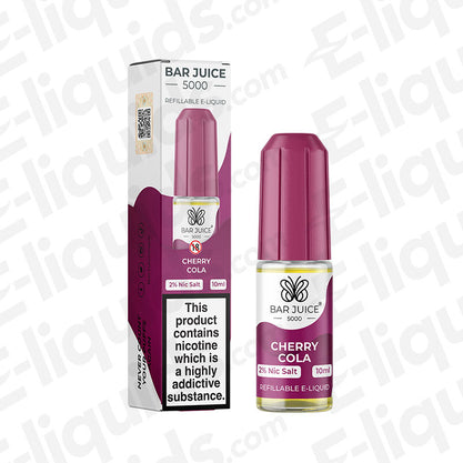 Cherry Cola Nic Salt E-liquid by Bar Juice 5000 in a 10ml bottle with packaging.