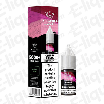 Cherry Fiesta 5000+ Nic Salt E-liquid by Al Fakher in 10ml bottle, featuring sweet cherry flavor and nicotine warning.