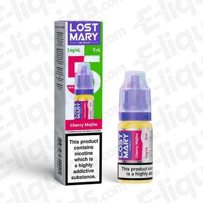 Lost Mary Nic Salt Vape Juice Cherry Mojito 5mg 10ml bottle with packaging, suitable for Pod Kits, in vibrant cherry mojito flavor.