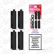 Revol 2600 Cherry 4-in-1 Prefilled Pods with various cherry vape flavors including Fizzy Cherry, Cherry Ice, Cherry Cola, Blue Razz Cherry.