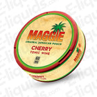Cherry Tonic Wine nicotine pouches by MAGGIE, 60mg strength, featuring a Caribbean-inspired design.