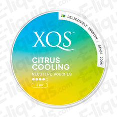 XQS Citrus Cooling nicotine pouches can featuring crisp citrus flavors with a cool mint taste, 8mg strength, made in Sweden.