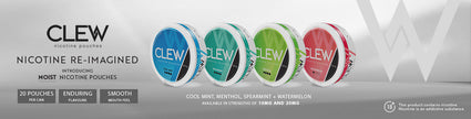 CLEW moist nicotine pouches in assorted flavors with smooth, enduring satisfaction. Available in cool mint, menthol, spearmint, and wintermelon.