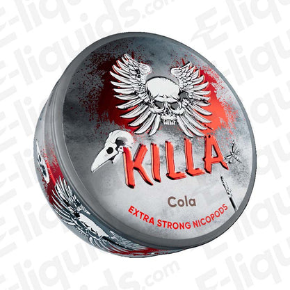 Killa Cola Extra Strong Nicotine Snus Pouches can featuring bold design and fizzy cola flavor, 20 portions per can.