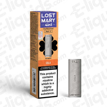Lost Mary 4-in-1 Prefilled Pod Cola flavor with packaging, 20mg nicotine, smooth vaping experience, compatible with Lost Mary device.