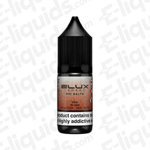 Cola Nic Salt E-liquid by Elux Legend in a bottle, showcasing sweet and fizzy cola flavor, 10mg and 20mg nicotine strengths.