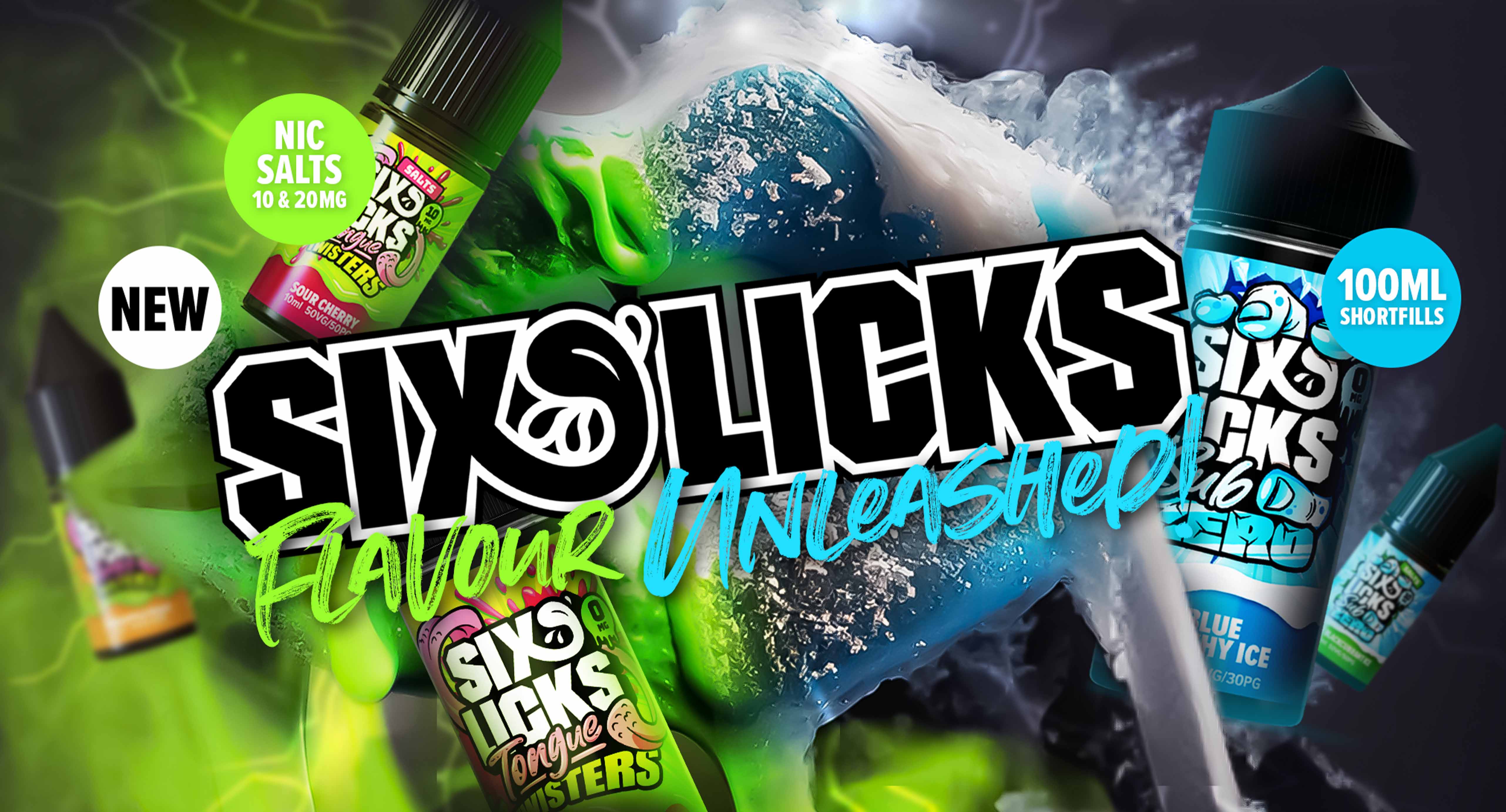 Six Licks e-liquid bottles with blue ice, flavor unleashed theme, featuring nic salts and shortfills.