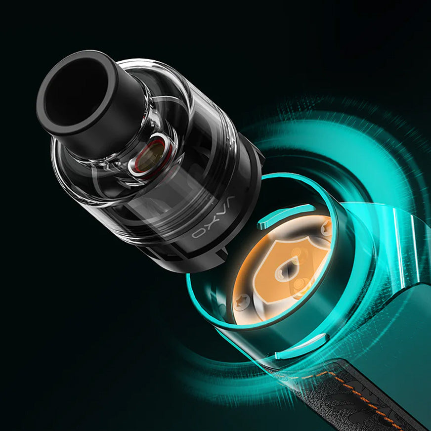 Close-up of a modern vape device with a glowing blue accent and stylish design.