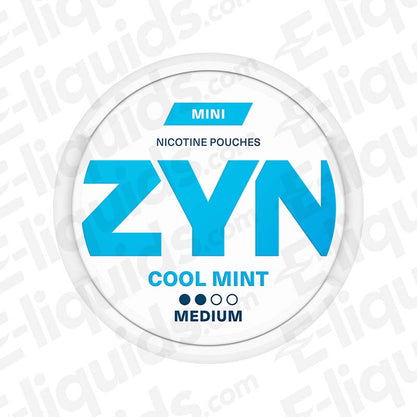 ZYN Cool Mint Mini Nicotine Pouches can, featuring a minty flavor and medium strength, tobacco-free and smoke-free.