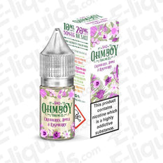 Cranberry, Apple & Raspberry Nic Salt E-liquid by Ohm Boy Vol II in 10ml bottle, featuring floral design and nicotine warning.