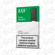 JUUL V2 Crisp Menthol Pod 2 Pack with 18mg nicotine, compatible with JUUL2 Device, showing packaging and health warning.